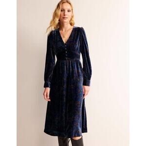 Boden Elise Velvet Midi Dress Size 8R Navy Floral Long Sleeve Fit & Flare NWT